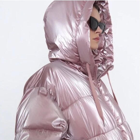Zara Pink Metallic Shine Hooded Puffer Jacket Size XS NWT - Picture 7 of 7